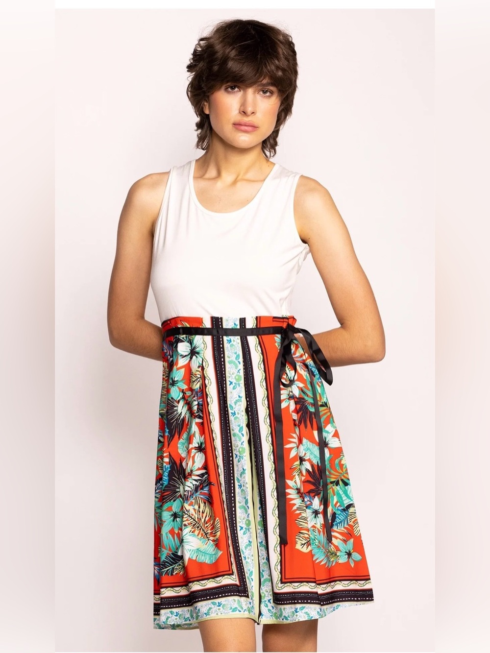 Pink Martini Red Sutton Dress Floral Print A-Line Skirt with Ribbon Waist